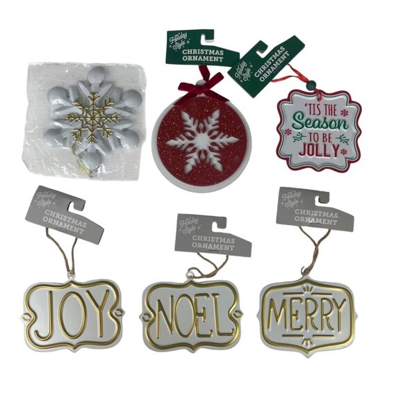 Holiday Style 6 Pc Christmas Ornaments Set Joy Noel Merry Tin Hanging - Picture 1 of 9